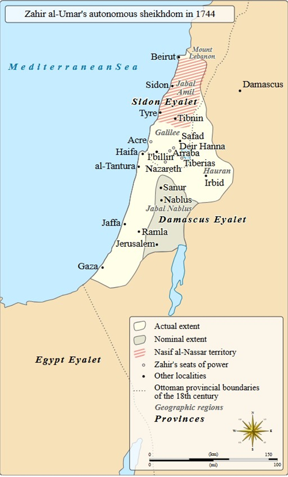 Autonomous territory of Zahir al-Umar in 1744